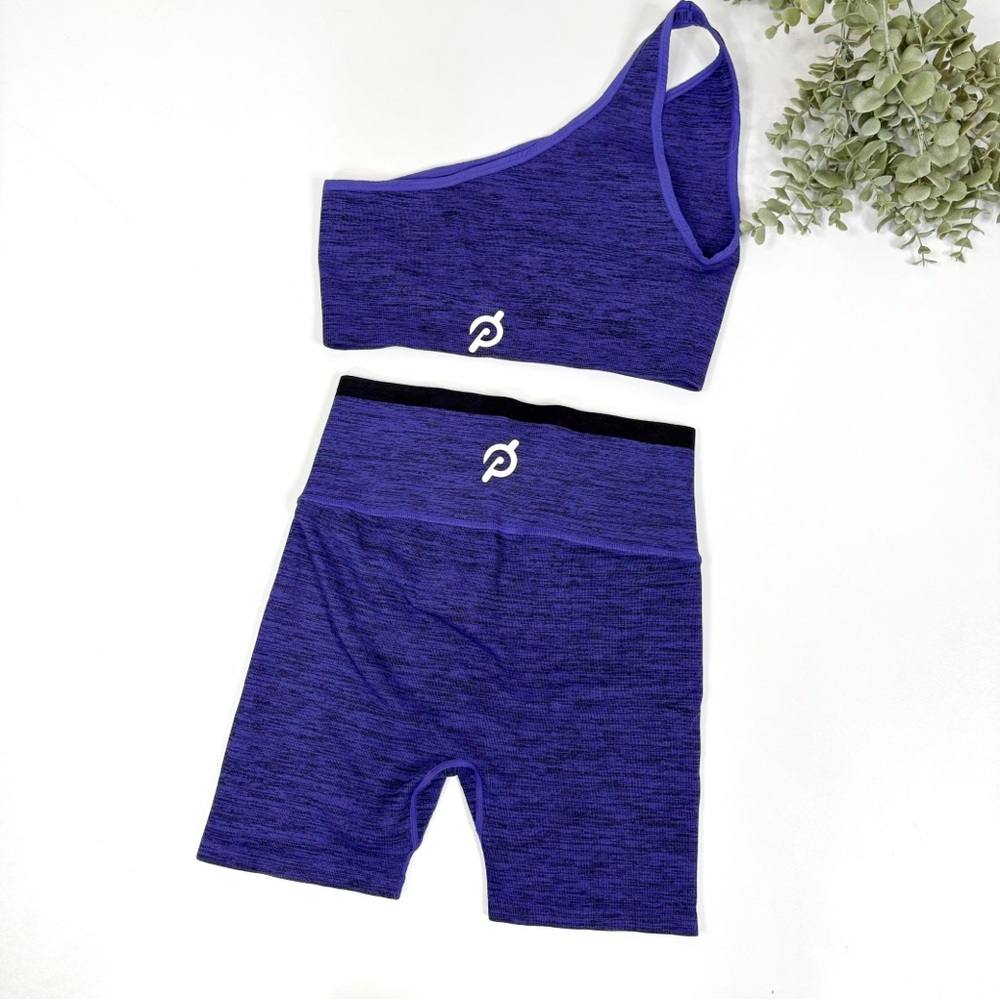 PELOTON • Purple & Black One Shoulder Seamless Crop‎ Bra & Biker Short Set - Picture 4 of 5